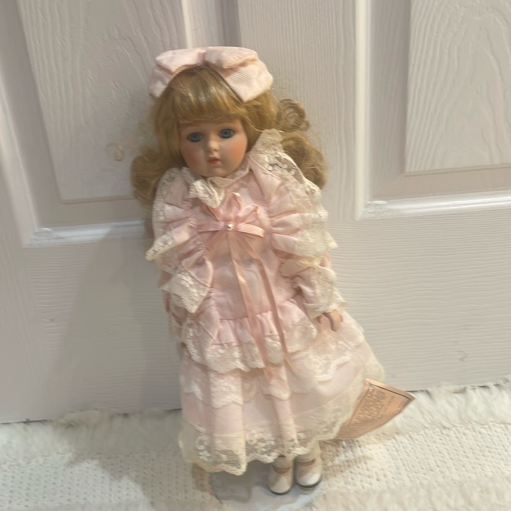 Dynasty doll collection Porcelain collector doll blonde curly hair blue eyes